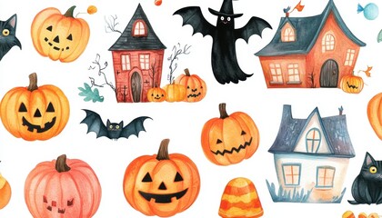 Watercolor Halloween Illustration with Pumpkins, Bats, Ghosts, and Houses