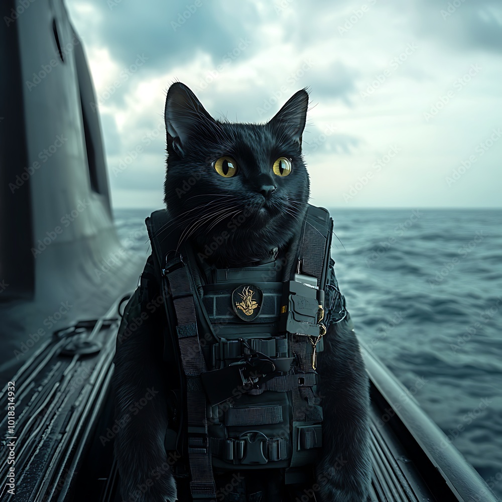 Wall mural A black cat in tactical gear stands on a submarine deck.