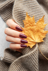 A woman holds a vibrant autumn leaf near her well-manicured hands while wrapped in a cozy sweater...