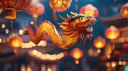 Obraz premium Golden Dragon Decoration Hanging Among Red Lanterns