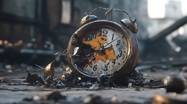 A broken alarm clock lies on a scorched surface.