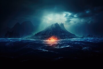 Dark Volcano Erupting in Mysterious Sea Scene