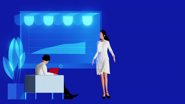 Outsourcing business model. Digital marketing trend, outsourcing company discuss about big screen work, arbitrage services, customer prospecting. Blue background, no face, 3d animation.