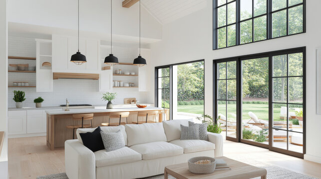 Modern living room with open kitchen, large windows, and natural light. space features cozy sofa, wooden accents, and view of green garden, creating serene atmosphere