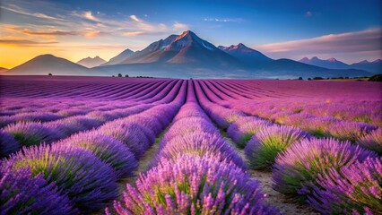 Naklejka premium Mountain landscape with lavender fields silhouette