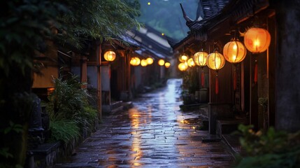 Fototapeta premium Illuminated Stone Path in a Historic Asian Village
