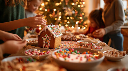 Creating festive gingerbread houses brings joy and creativity to holiday season. Children gather around table, decorating with colorful candies and icing, surrounded by beautifully lit Christmas tree