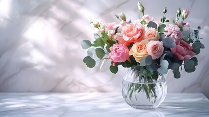 Obraz premium A vibrant floral arrangement of mixed roses, peonies, and eucalyptus in a clear glass vase, set on a white marble countertop with bright natural lighting, embodying a romantic spring theme.