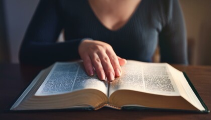 An open Bible with a young adult's hand placed flat on the text