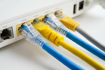 Ethernet cable with wireless router connect to internet service provider network.