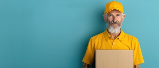 Experienced Delivery Professional in Bright Yellow Uniform Holding a Package Against a Vibrant Background