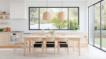 A modern dining room featuring wooden table with black chairs, large windows allowing natural light, and stylish pendant lights. serene atmosphere is enhanced by greenery outside
