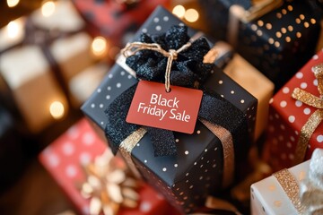 Gift Boxes with Discounts: Festively wrapped gift boxes on display with "Black Friday Sale" tags hanging from each, showing discounts from 20% to 70% off.