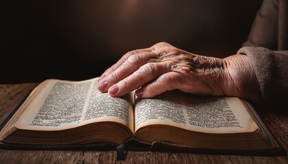 Naklejka premium A wrinkled hand resting lightly on an open Bible