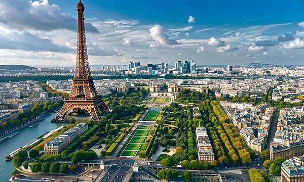 A scenic view of the Eiffel Tower surrounded by greenery and water in Paris.