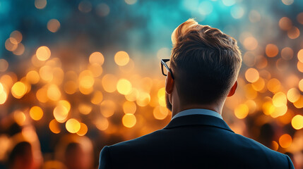 man in suit stands with his back to camera, gazing at vibrant crowd illuminated by warm, glowing lights. atmosphere is filled with excitement and anticipation