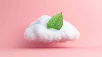 Obraz premium White cloud with a green leaf floating on a pink background.