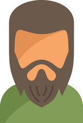 Simple flat vector illustration icon of a man with a long beard wearing a green shirt, avatar icon