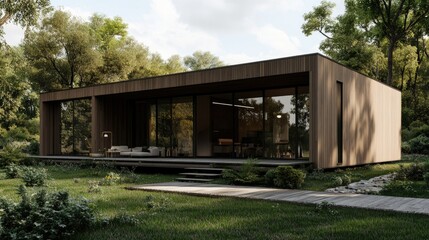 Fototapeta premium A modern house with a wooden exterior, glass walls, and a minimalist garden.