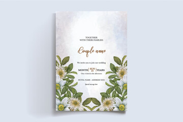 WEDDING INVITATION FRAME WITH FLOWER DECORATIONS WITH FRESH LEAVES 