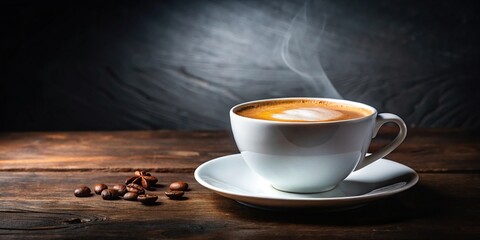 Obraz premium Freshly brewed coffee in a white cup on a dark table