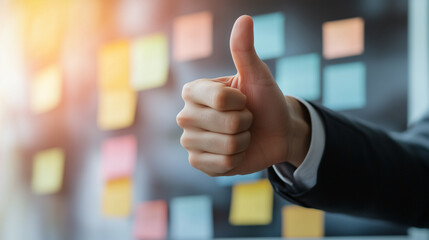 hand giving thumbs up gesture in front of colorful sticky note board