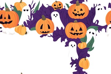 Halloween themed background with pumpkins, ghosts and jack o lanterns, white space in the center for text