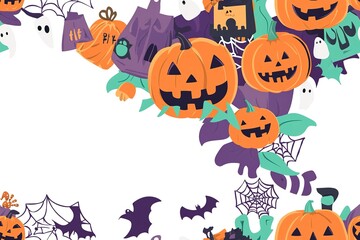 Halloween themed background with pumpkins, ghosts and jack o lanterns, white space in the center for text