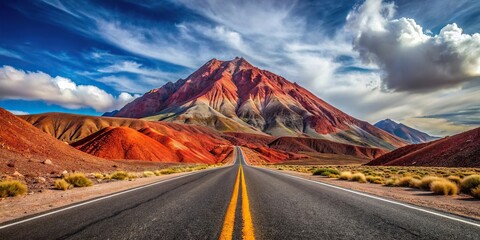 Mountain road on rocky terrain with red mountain backdrop