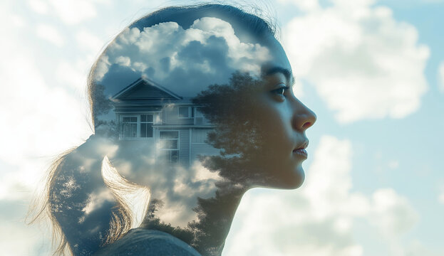 A double exposure of the silhouette profile and headshot of an adult woman with smart home icons, houses, and cloud technology inside her mind; digital background with dark blue tones and a white colo