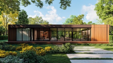 A sleek architectural design with a wooden facade and spacious glass windows.