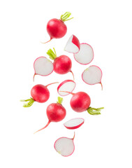 Fresh radish isolated on white background. Organic garden radish slices. clipping root crop. Vegetables. Vegan. Diet products. Healthy food.