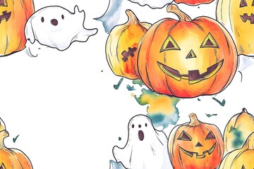 Halloween themed background with pumpkins, ghosts and jack o lanterns, white space in the center for text