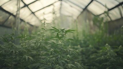 Organically grown small cannabis plants thriving in a modern greenhouse, promoting sustainability