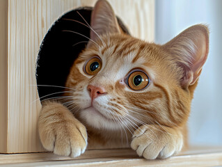 Naklejka premium A red cat looks out of a round hole