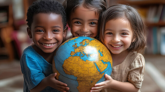 smiling children holding globe
