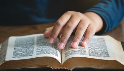 Fototapeta premium A teenage hand resting on the Bible's pages