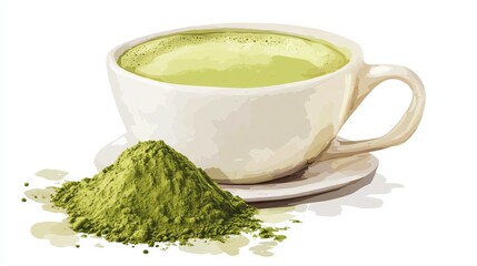 A white cup of matcha latte, with beautiful art and a pile of green matcha powder.
