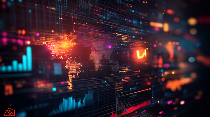 Fototapeta premium Digital background featuring multiple digital images of charts, graphs, and media icons with neon lights. The composition includes various colorful patterns representing data visualization in the styl