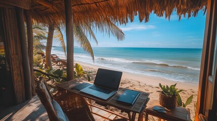 69. A serene beachside workspace for a virtual assistant enjoying remote work