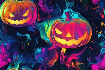 A seamless pattern of neon-glowing pumpkins, their colors swirling and dancing in the dark space