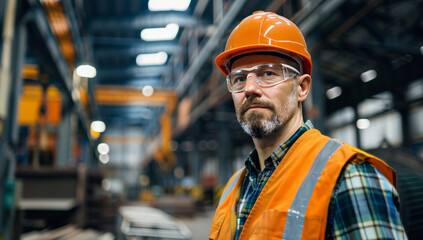 Electrician in an orange hard hat and safety glasses, working on the electrical system of a building with multiple wires. Industrial electrical repairs