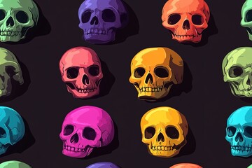 Colorful cartoon skulls in various colors, vector illustration, pattern background, high resolution, no blur effect