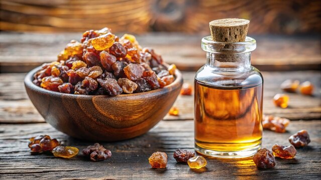 Freshly harvested resin and guggul extract bottle on white background