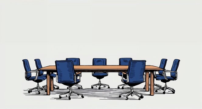Hand drawing clipart of a boardroom table with chairs on plain white background