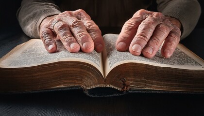 A pair of elderly hands cupping an open Bible