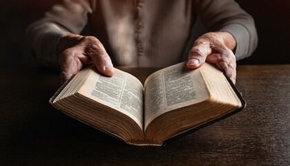 Naklejka premium A pair of elderly hands cupping an open Bible