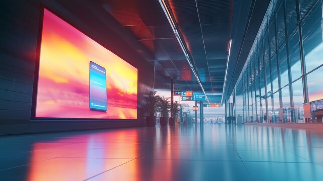 A modern airport interior featuring a vibrant advertising display, large windows, and a sleek, reflective floor.