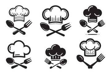 Culinary Chef Hat with Fork and Spoon Line Icon Silhouette