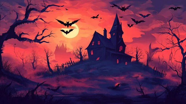 Haunted Mansion at Dusk: A haunting silhouette of a gothic manor, bathed in an eerie, crimson twilight, with bats flitting through the air. The scene evokes a sense of mystery and impending dread.